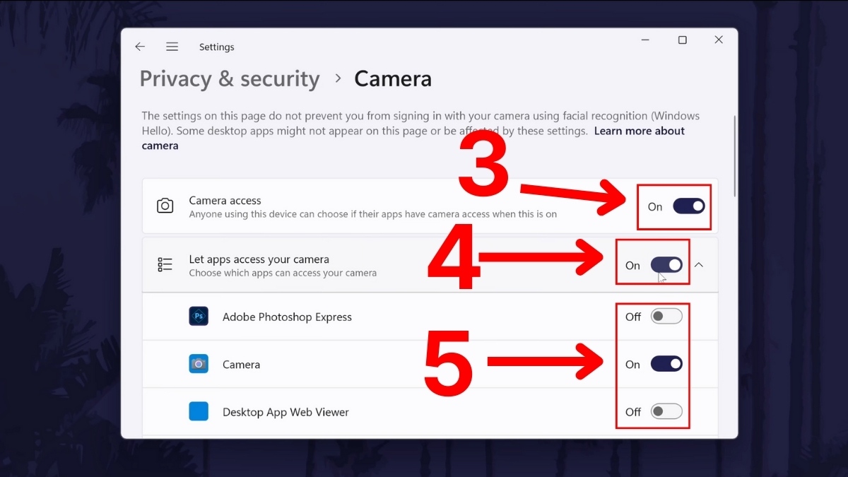Sửa lỗi camera laptop: Cấp quyền ứng dụng để camera hoạt động bước 3