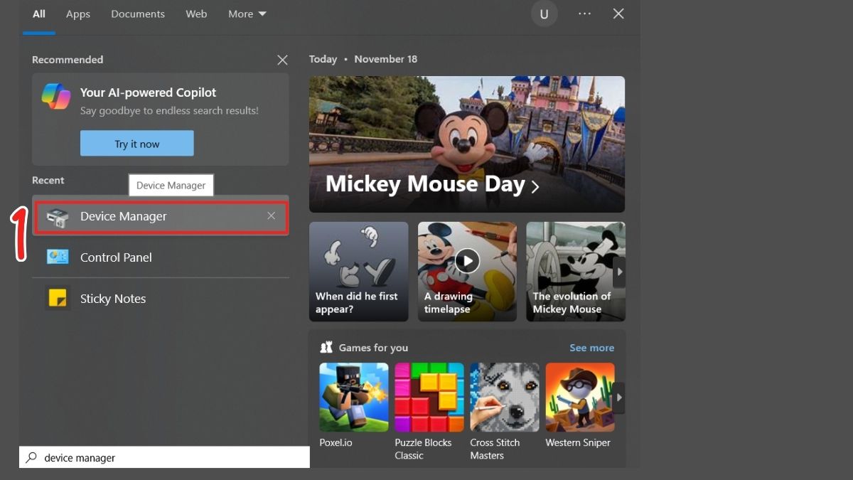 Khắc phục lỗi màn hình đen Win 10: Cập nhật driver card đồ họa Bước 1