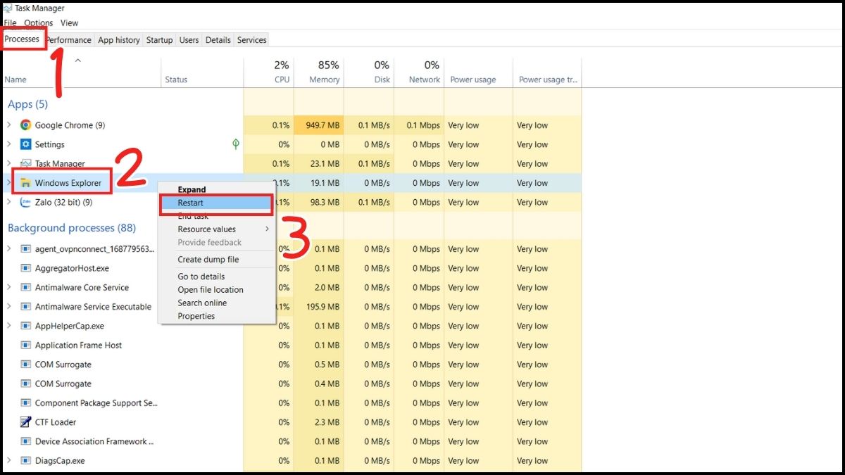 Khắc phục lỗi màn hình đen Win 10: Khởi động lại Windows Explorer