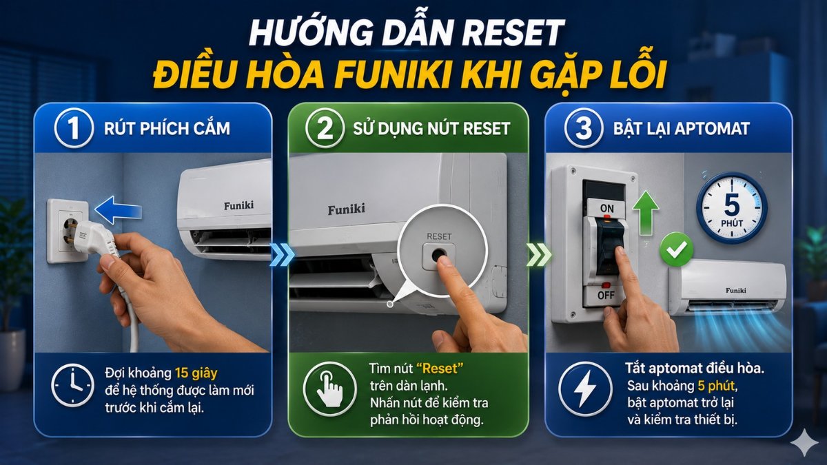 Hướng dẫn reset điều hòa Funiki khi gặp lỗi