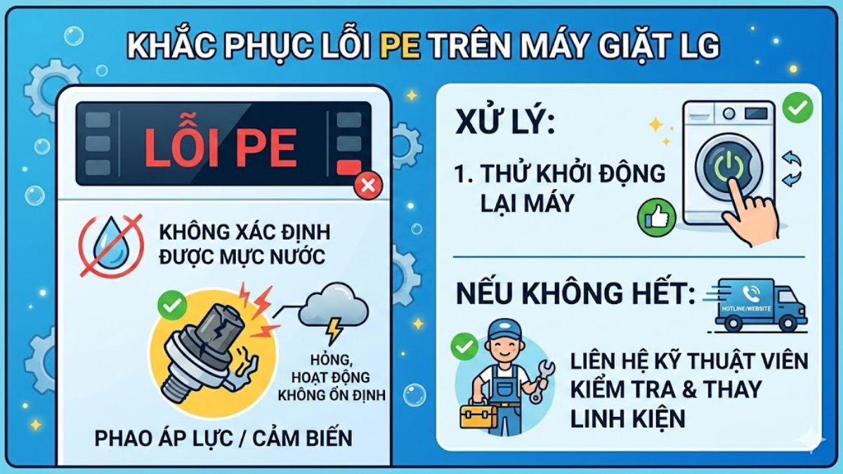 Mã lỗi máy giặt LG phổ biến: PE