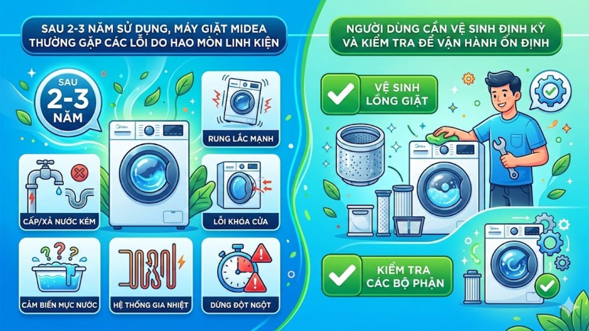 Các lỗi máy giặt Midea thường gặp sau 2–3 năm sử dụng 