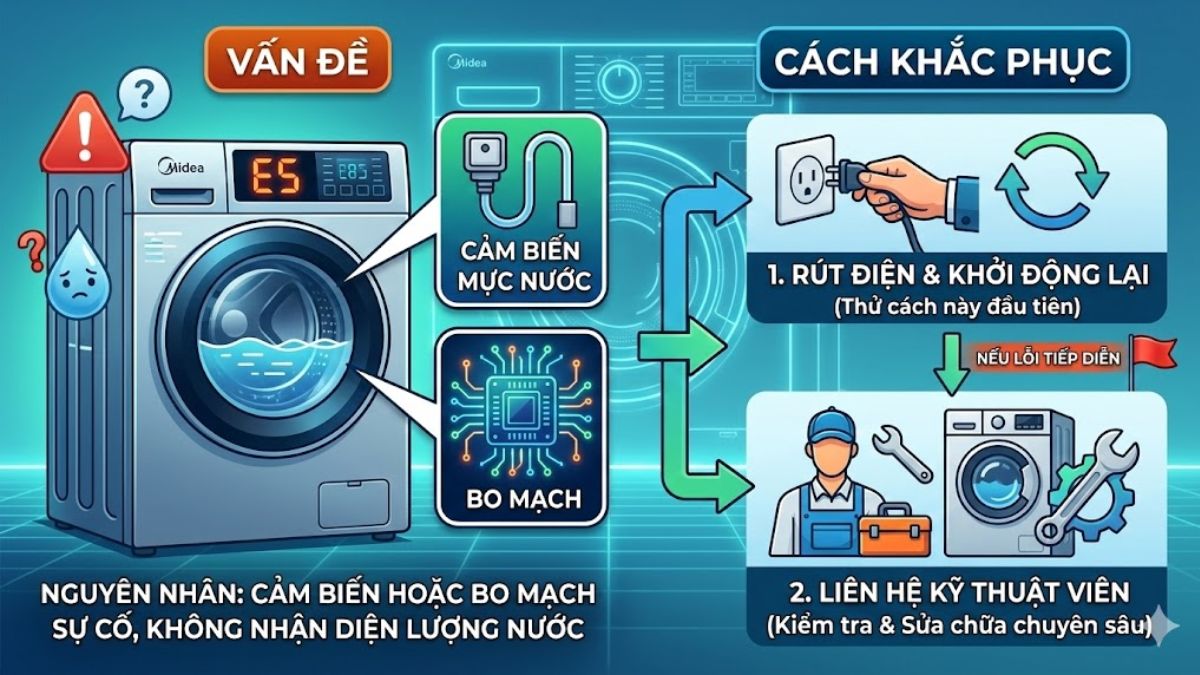 Mã lỗi máy giặt Midea lồng đứng chi tiết: E5