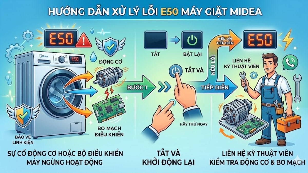 Mã lỗi máy giặt Midea lồng ngang chi tiết: E50