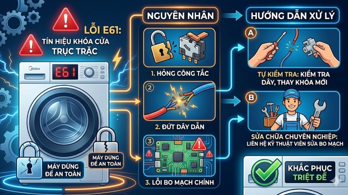 Mã lỗi máy giặt Midea lồng ngang chi tiết: E61
