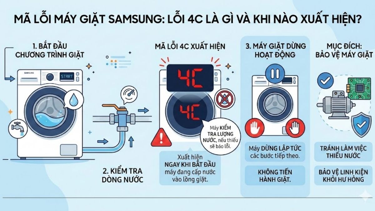Mã lỗi máy giặt Samsung 4C xuất hiện ngay từ giai đoạn đầu tiên của chương trình giặy