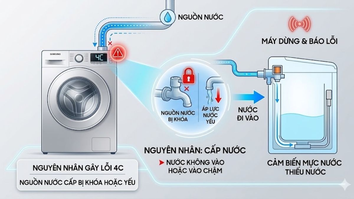 Nguyên nhân gây mã lỗi máy giặt Samsung: Nguồn nước cấp bị khóa hoặc yếu 4C
