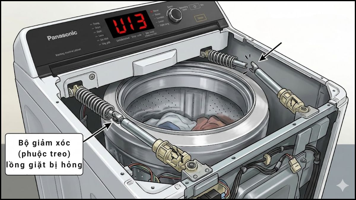 Nguyên nhân gây mã lỗi U13 máy giặt Panasonic: Bộ giảm xóc bị hỏng