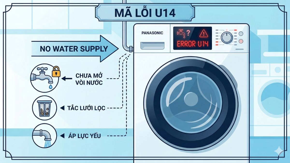 Mã lỗi U14 trên máy giặt Panasonic cho thấy thiết bị không được cấp đủ nước