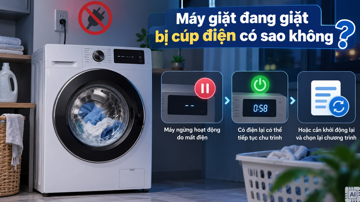 Máy giặt đang giặt bị cúp điện có sao không?