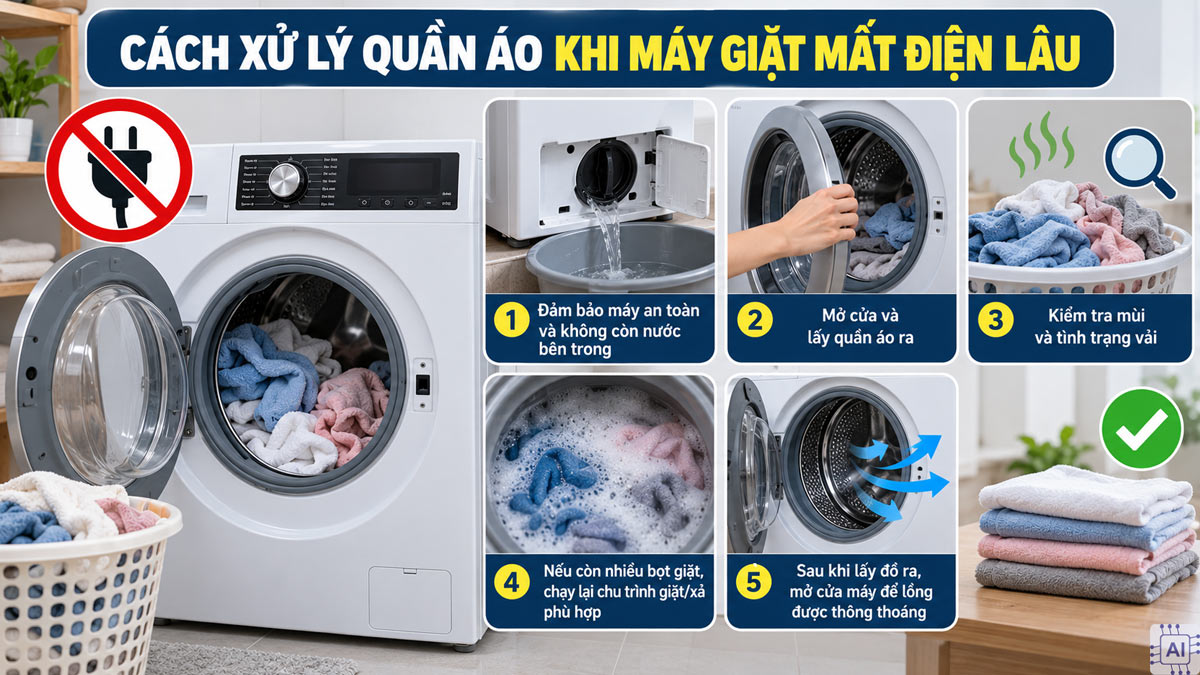 Cách xử lý quần áo khi máy giặt mất điện lâu