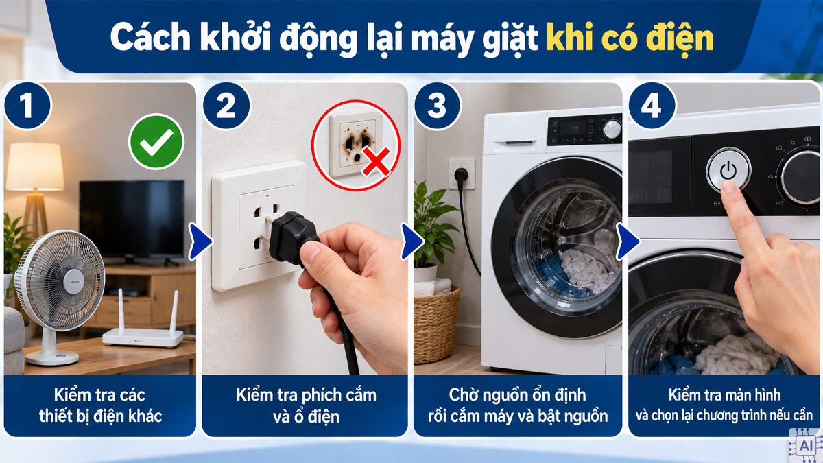 Cách khởi động lại máy giặt khi có điện