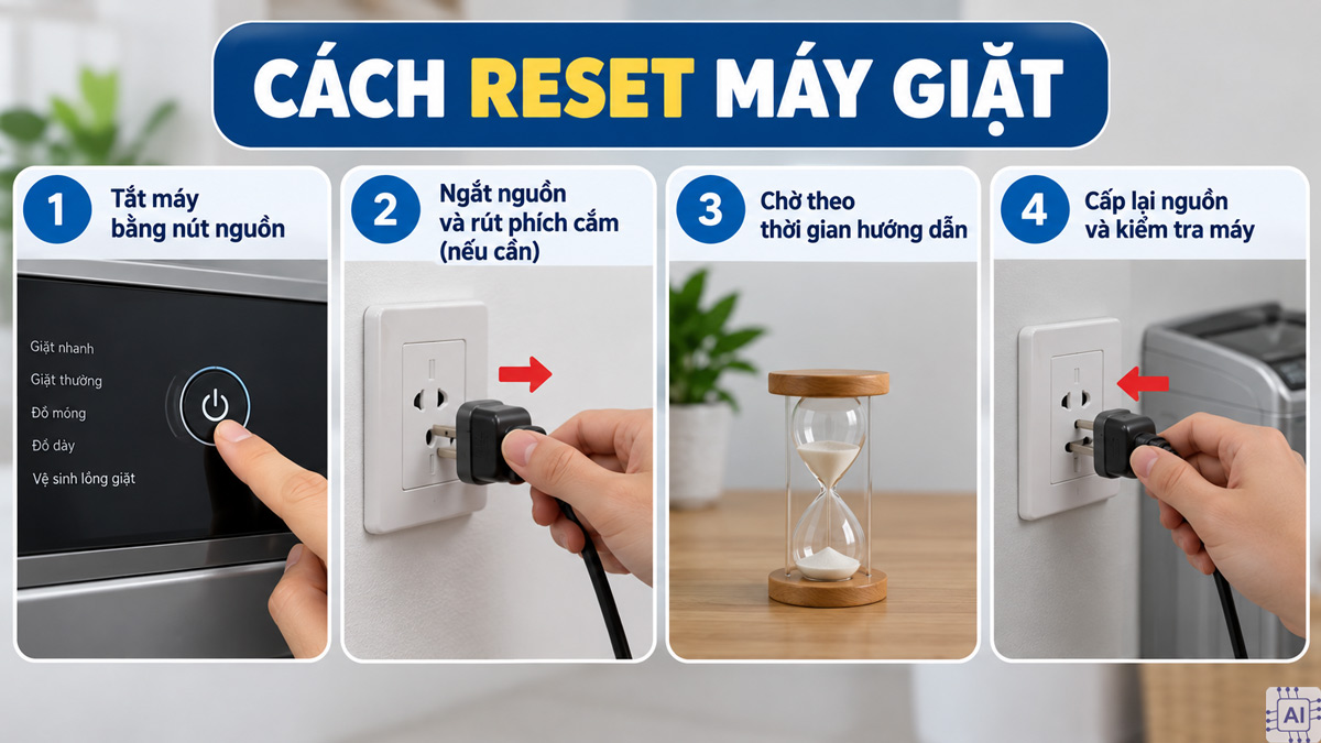 Cách khởi động lại máy giặt khi có điện