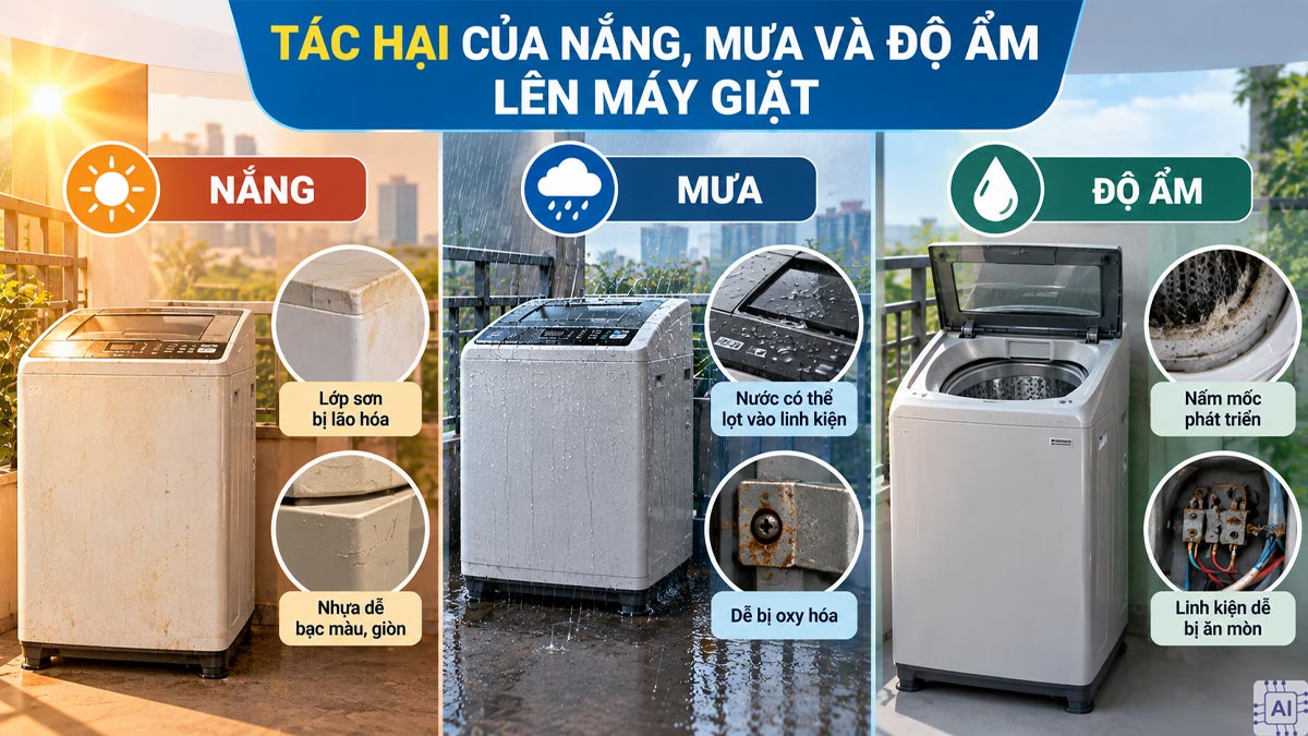 Máy giặt để ngoài trời có sao không?