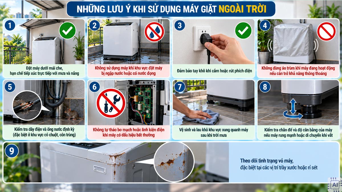 Những lưu ý khi sử dụng máy giặt để ngoài trời