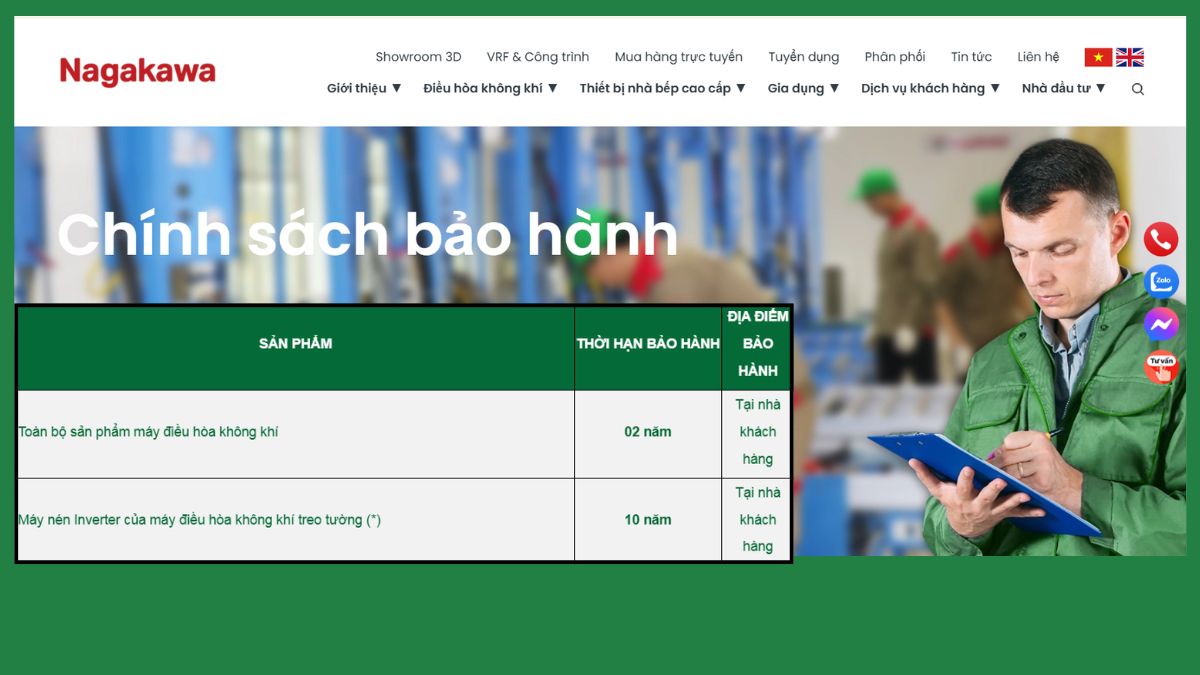 Thời hạn bảo hành máy lạnh Nagakawa