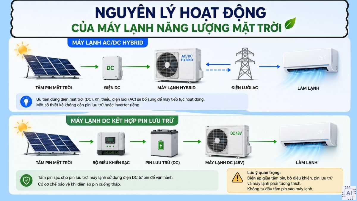 Nguyên lý hoạt động của máy lạnh năng lượng mặt trờiượng mặt trời, còn gọi là điều hòa năng lượng mặt trời,