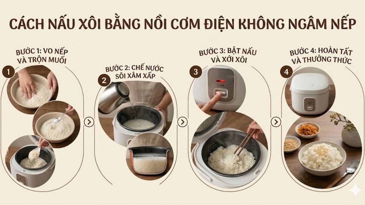 Cách nấu xôi bằng nồi cơm điện không ngâm nếp