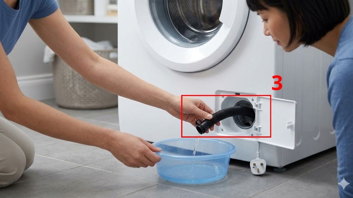 Cách khắc phục máy giặt vắt không khô: vệ sinh bộ lọc và ống xả nước bước 3