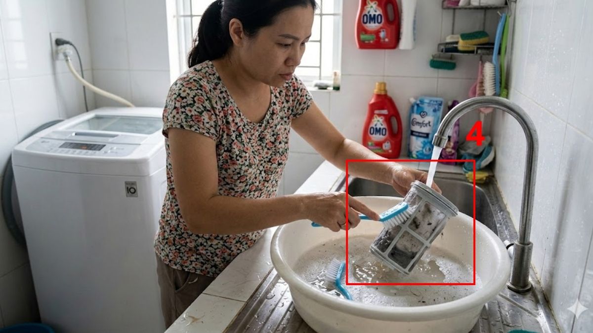 Cách khắc phục máy giặt vắt không khô: vệ sinh bộ lọc và ống xả nước bước 4