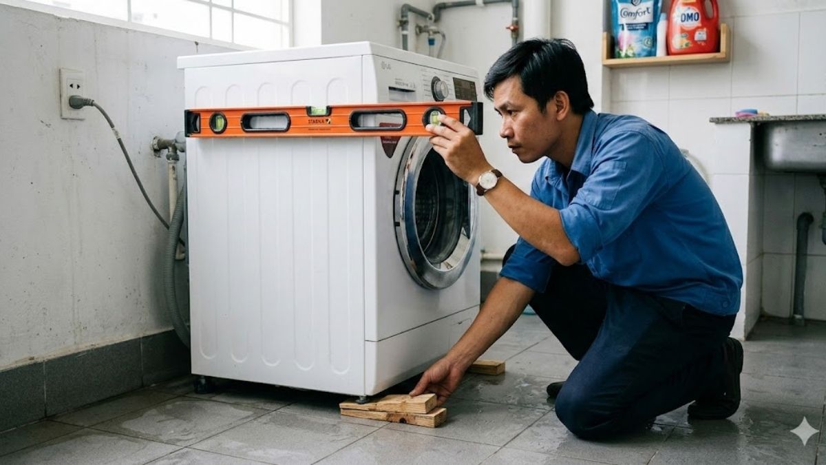 Cách khắc phục máy giặt vắt không khô: cân chỉnh lại vị trí máy giặt đúng kỹ thuật