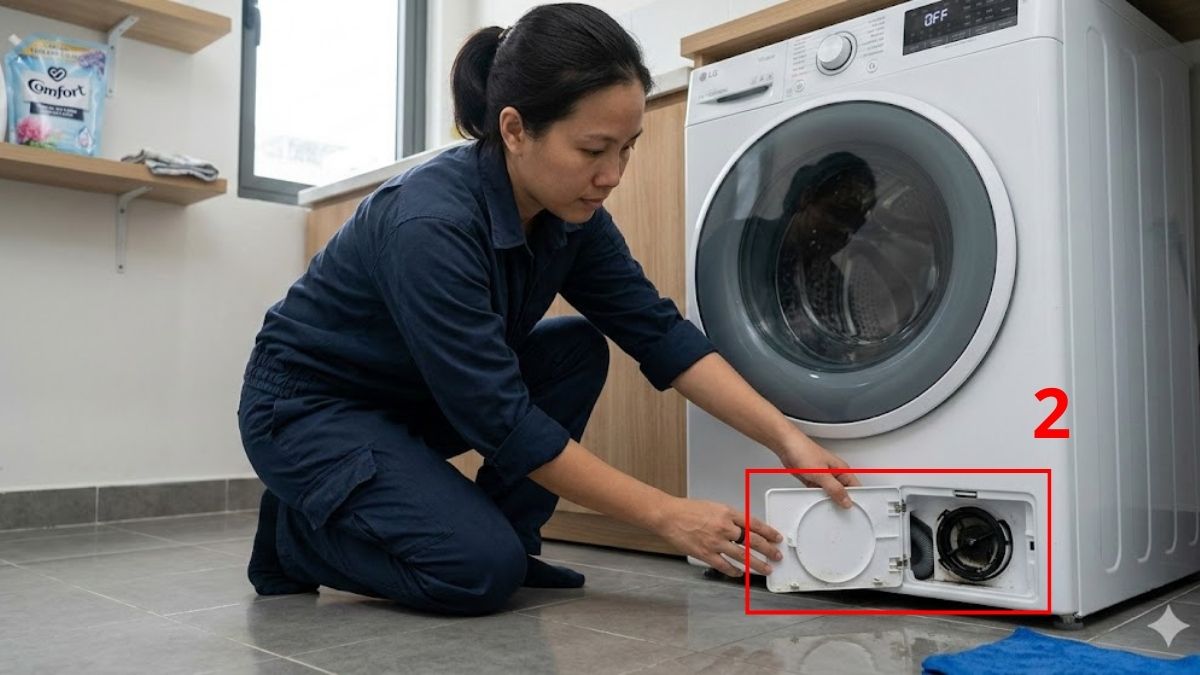 Cách khắc phục máy giặt vắt không khô: vệ sinh bộ lọc và ống xả nước bước 2