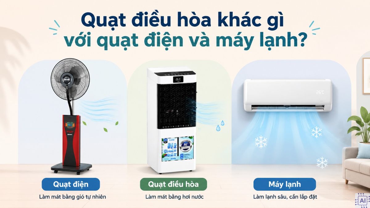 Quạt điều hòa khác gì với quạt điện và máy lạnh?