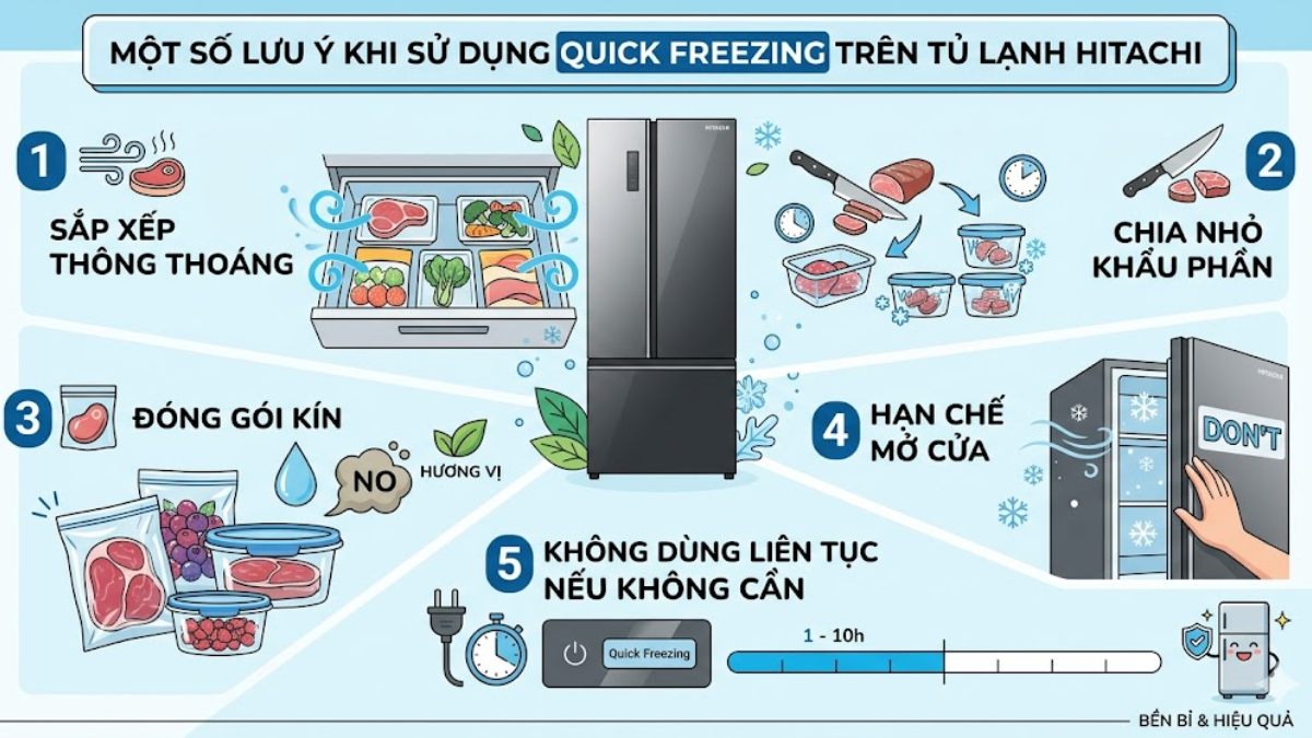Một số lưu ý khi sử dụng Quick Freezing trên tủ lạnh Hitachi
