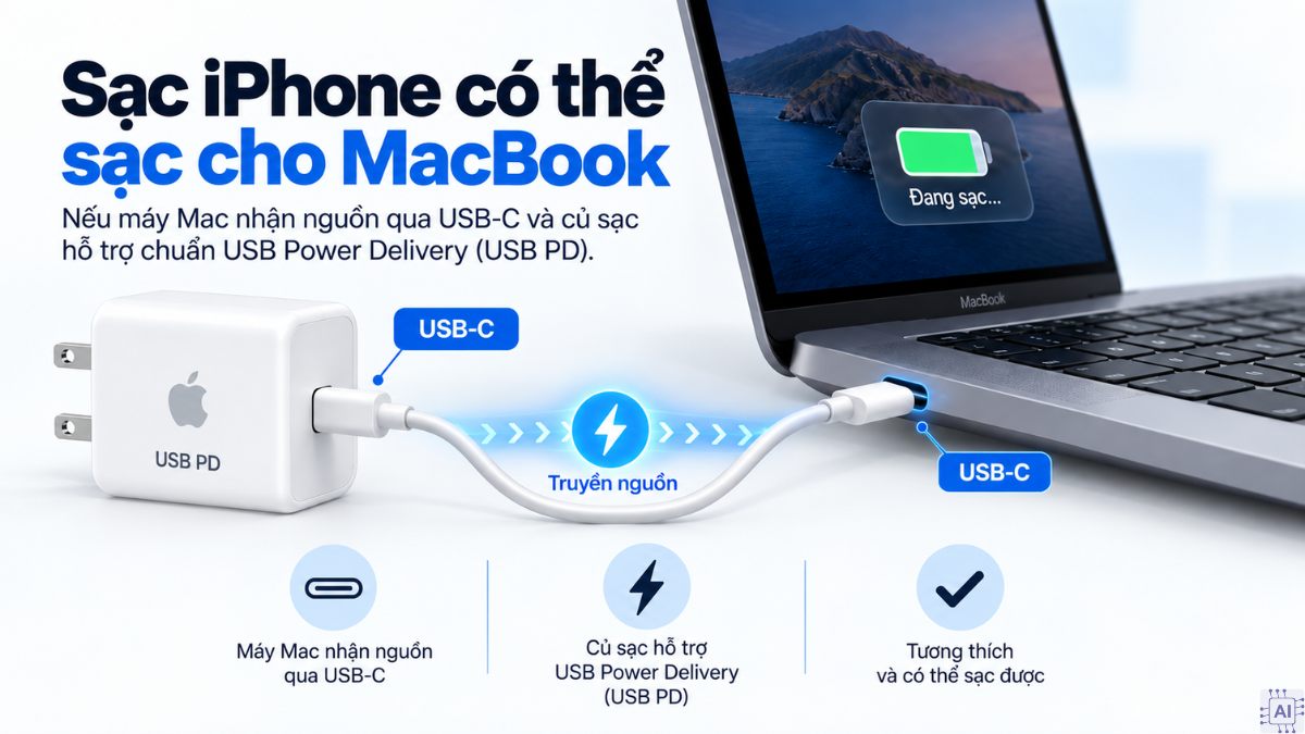 Sạc iPhone có sạc được MacBook không?