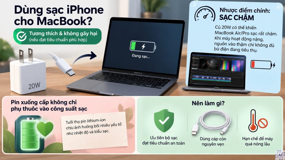 Dùng sạc iPhone cho MacBook có sao không?