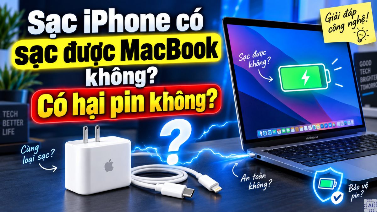 Sạc iPhone có sạc được MacBook không? Có hại pin không?