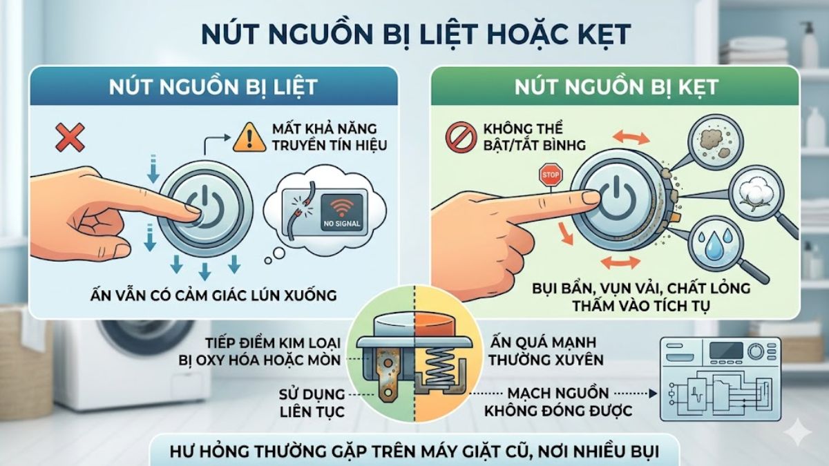 Tại sao máy giặt không lên nguồn: Nút nguồn bị liệt hoặc kẹt