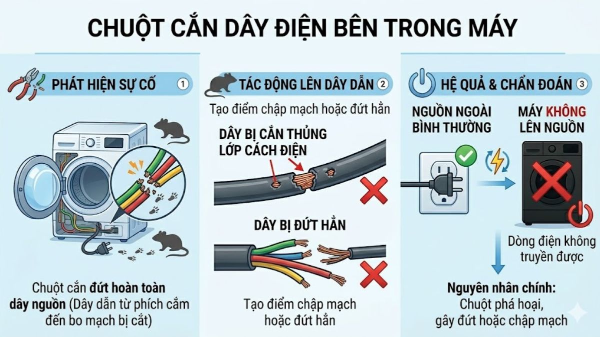 Tại sao máy giặt không lên nguồn: Chuột cắn dây điện