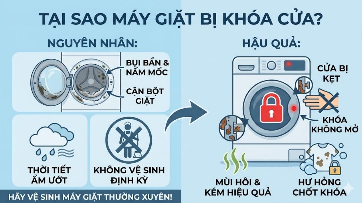 Nguyên nhân tại sao máy giặt không mở được cửa