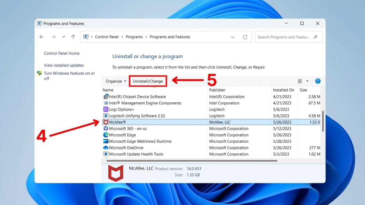 Cách tắt McAfee trên Win 11 vĩnh viễn bằng Control Panel bước 3