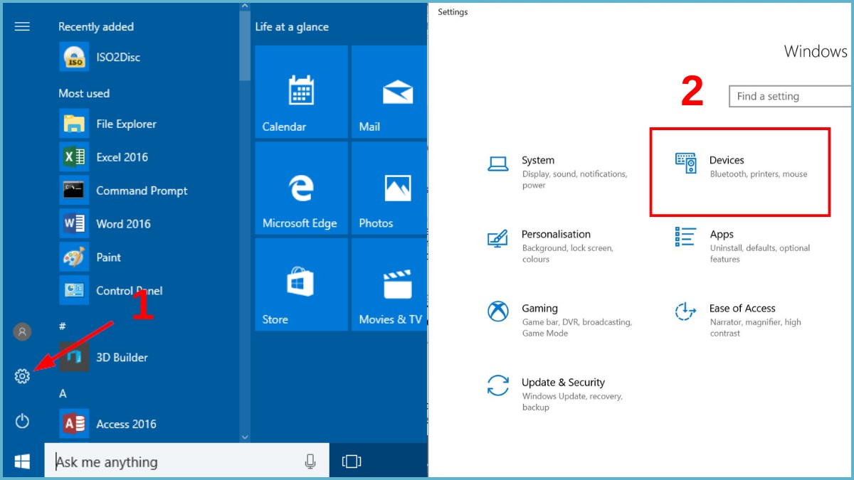 Cách tắt tính năng Print to File Win 10 trong Setting bước 1