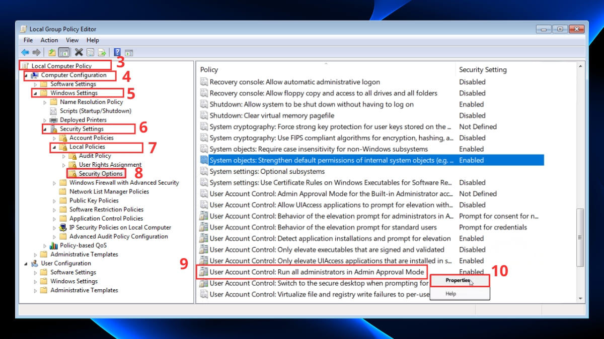 Cách tắt User Account Control Win 10 bằng Group Policy Editor bước 2