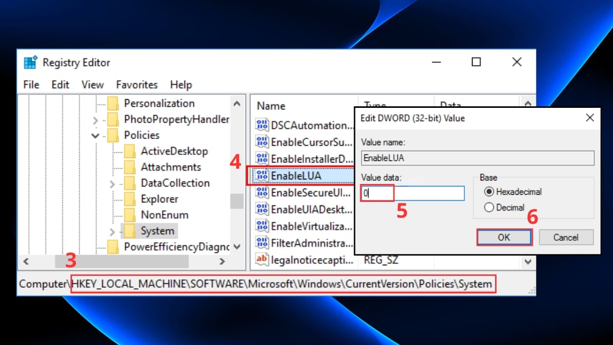 Cách tắt User Account Control Win 10 bằng Registry Editorl bước 2