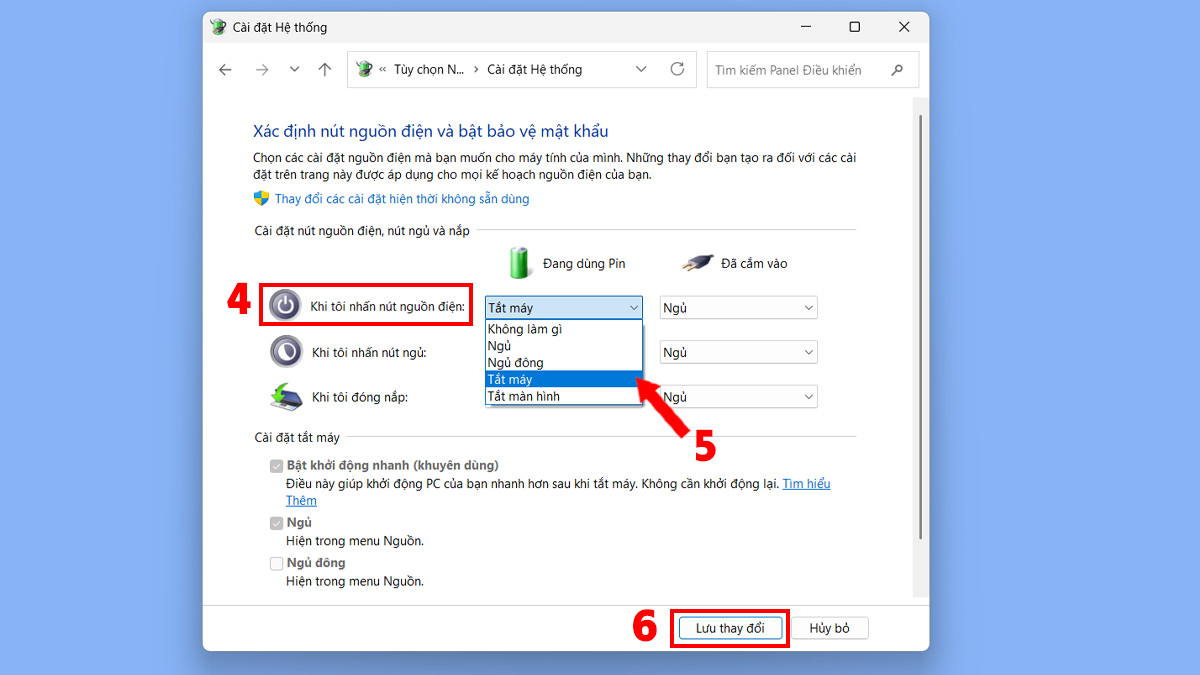 Thiết lập thao tác tắt máy tính an toàn mặc định