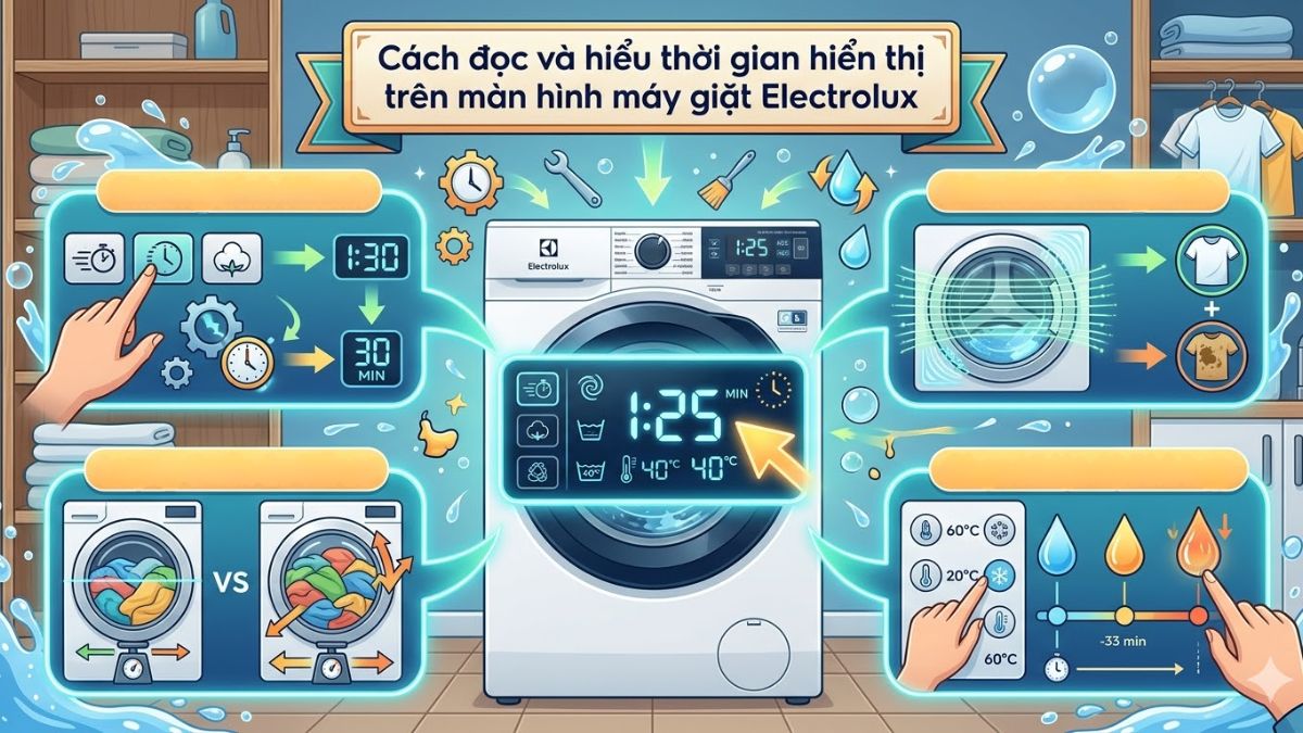 Cách đọc và hiểu thời gian hiển thị trên màn hình máy giặt Electrolux 