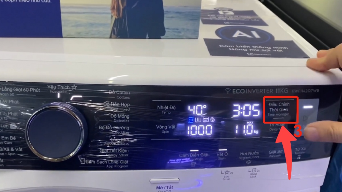 Cách chỉnh thời gian giặt của máy giặt Electrolux bước 2