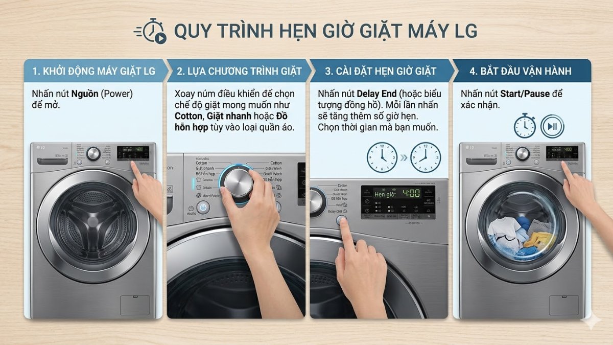 Hướng dẫn hẹn giờ giặt trên máy giặt LG