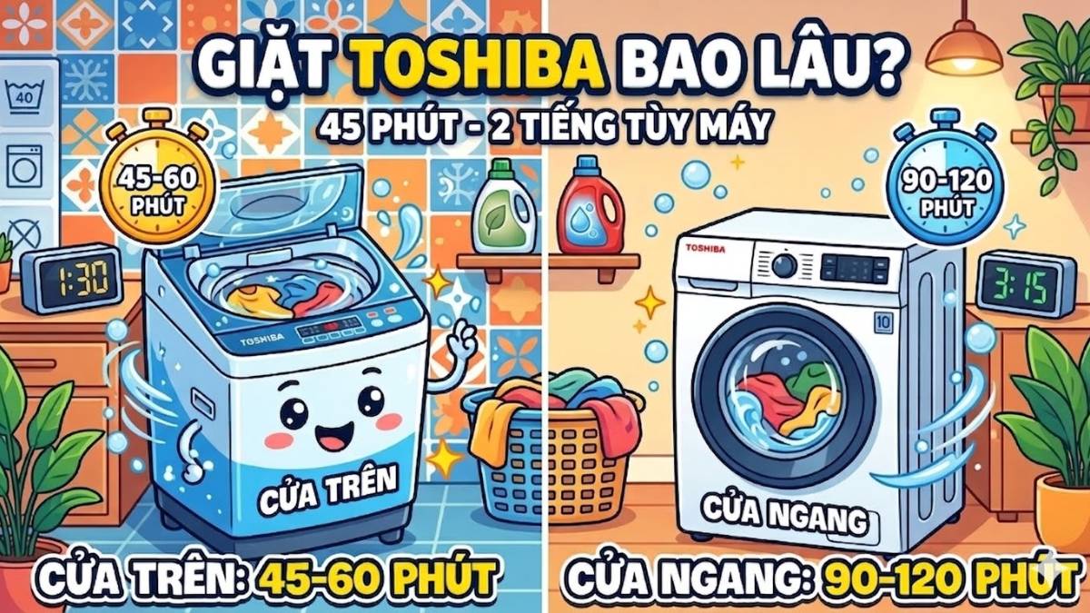 Thời gian giặt của máy giặt Toshiba trung bình là bao lâu?