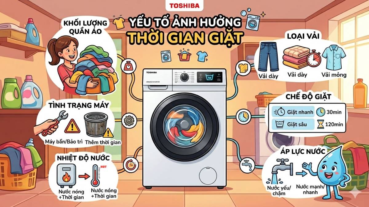 Các yếu tố ảnh hưởng đến thời gian giặt của máy giặt Toshiba