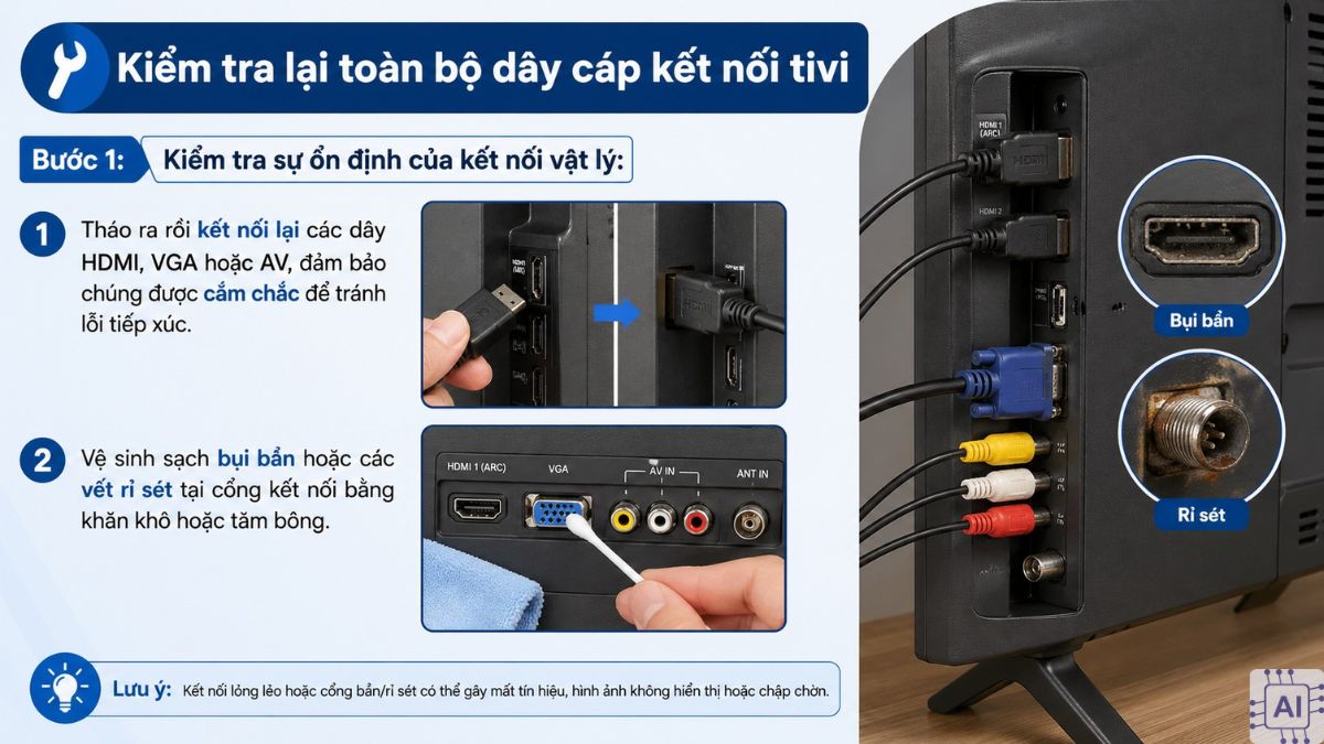 Cách khắc phục tivi bị loang màu: Kiểm tra dây cáp kết nối bước 1