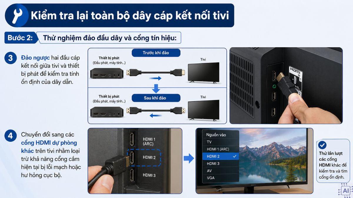 Cách khắc phục tivi bị loang màu: Kiểm tra dây cáp kết nối bước 2