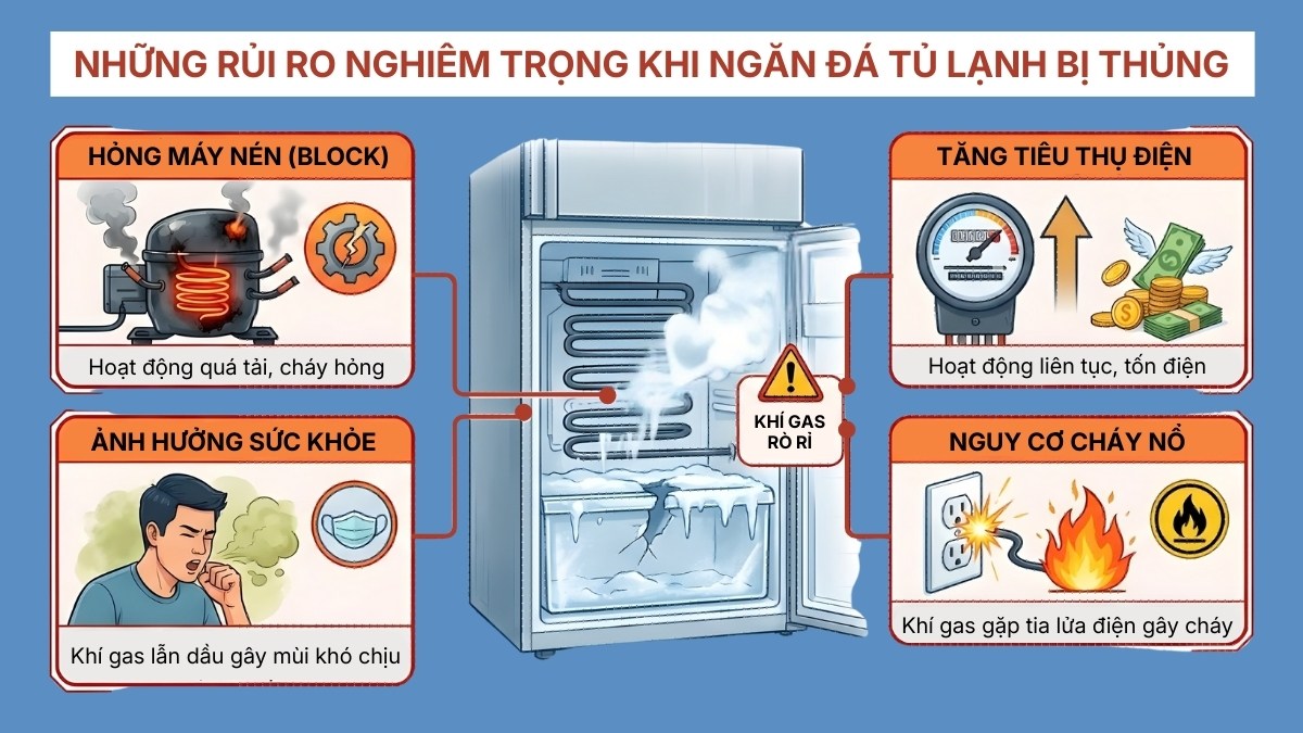 Tủ lạnh bị thủng ngăn đá có sao không: Rủi ro nghiêm trọng