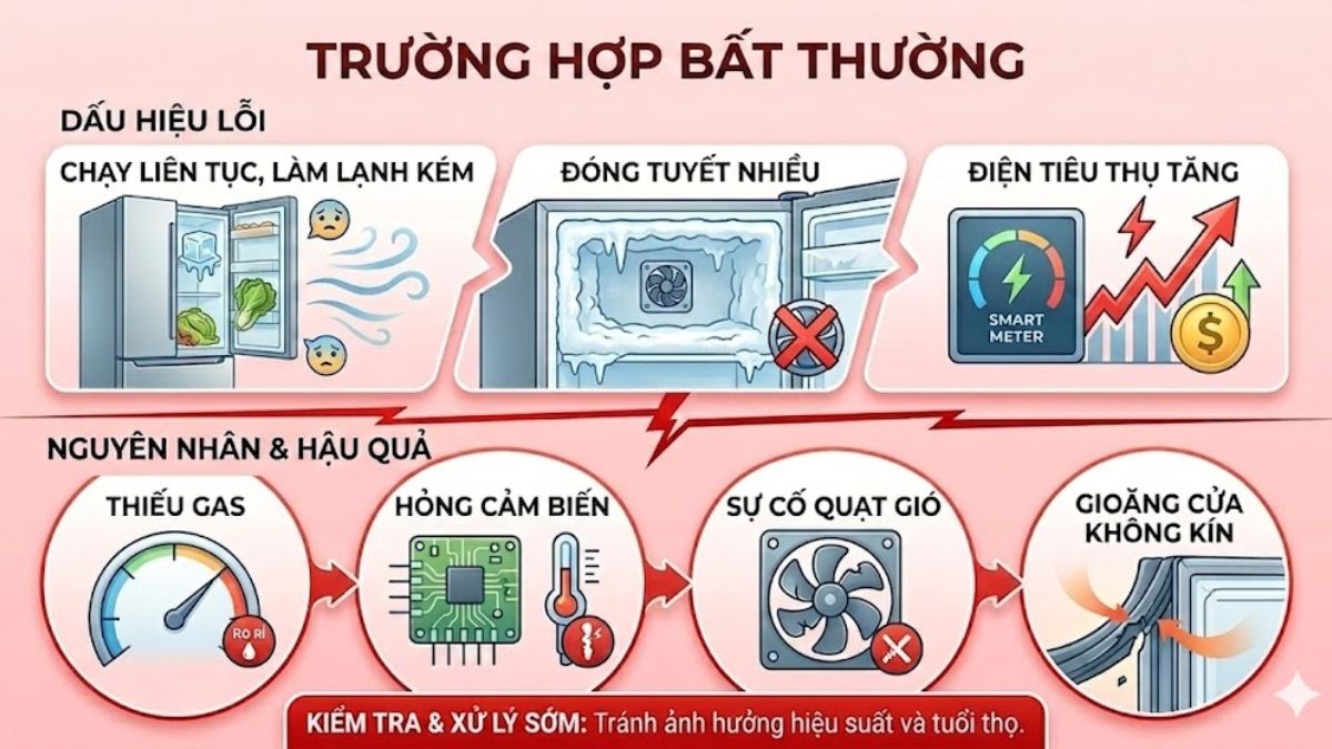 Tủ lạnh chạy liên tục không ngắt có sao không?