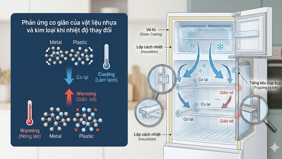 Nguyên nhân tủ lạnh kêu bụp bụp: Do sự giãn nở nhiệt của vật liệu