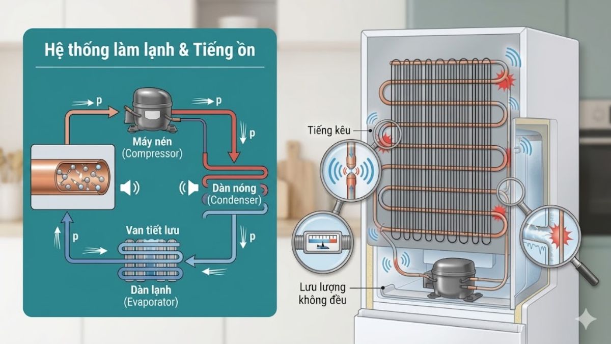 Nguyên nhân tủ lạnh kêu bụp bụp: Dòng gas lạnh lưu thông trong ống